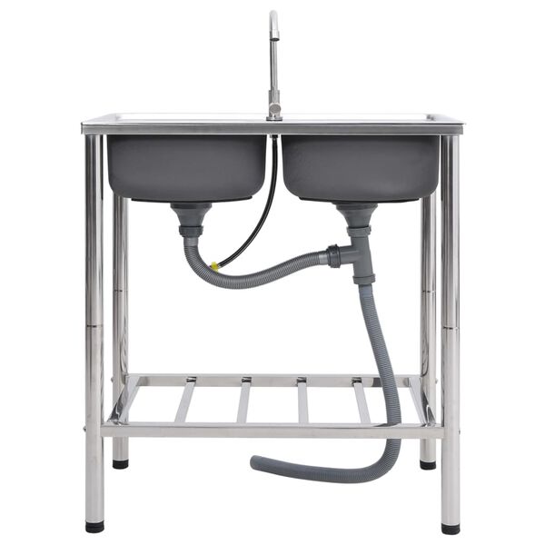 vidaXL Évier de camping Double lavabo avec robinet Acier inoxydable