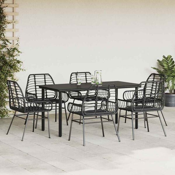 vidaXL Ensemble &agrave; manger de jardin 7pcs noir poly rotin verre