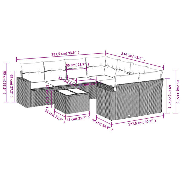 vidaXL Salon de jardin 9 pcs avec coussins noir r&eacute;sine tress&eacute;e