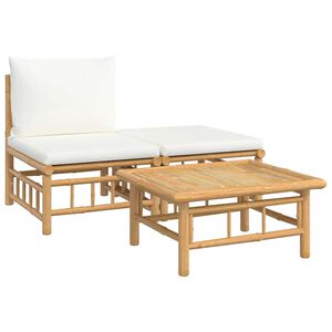 vidaXL Salon de jardin 3 pcs avec coussins blanc cr&egrave;me bambou