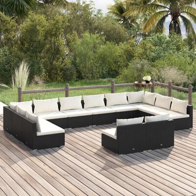 vidaXL Salon de jardin 12 pcs avec coussins Noir Résine tressée