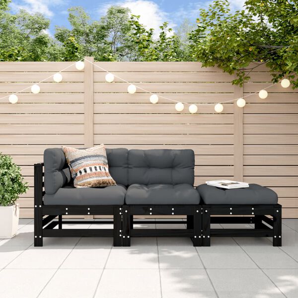 vidaXL Salon de jardin 3 pcs avec coussins noir bois massif