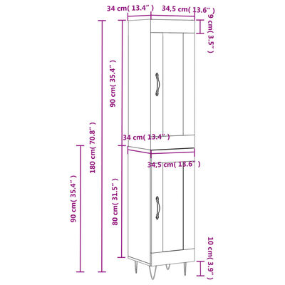 vidaXL Buffet haut Gris béton 34,5x34x180 cm Bois d'ingénierie