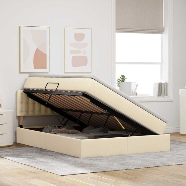 vidaXL Lit avec rangement et LED avec matelas Cr&egrave;me 140 x 200 cm tissu