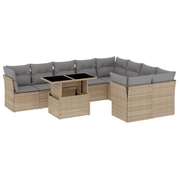 vidaXL Salon de jardin avec coussins 10 pcs beige résine tressée