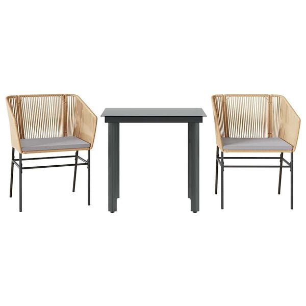 vidaXL Ensemble à manger jardin coussins 3pcs marron poly rotin verre