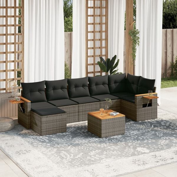 vidaXL Salon de jardin 8 pcs avec coussins gris r&eacute;sine tress&eacute;e