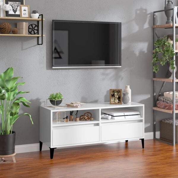 vidaXL Meuble TV blanc brillant 100x34,5x44,5 cm bois d'ing&eacute;nierie