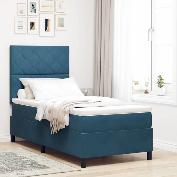 vidaXL Lit &agrave; ressort LED avec matelas Bleu fonc&eacute; 90 x 200 cm Velours