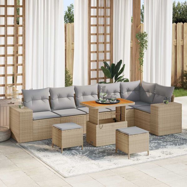 vidaXL Ensemble de canap&eacute; de jardin avec coussin 9 pcs Beige polyrotin