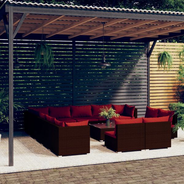 vidaXL Salon de jardin 14 pcs avec coussins Marron R&eacute;sine tress&eacute;e