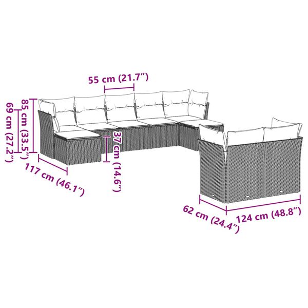 vidaXL Salon de jardin 9 pcs avec coussins gris clair r&eacute;sine tress&eacute;e