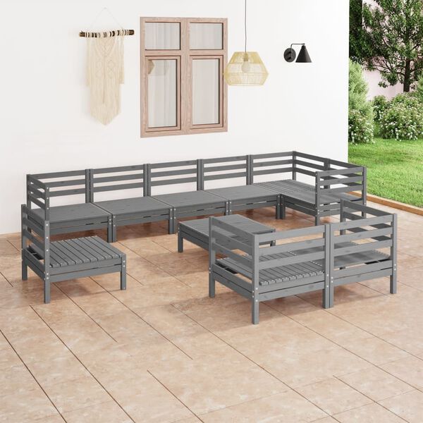 vidaXL Salon de jardin 10 pcs Bois de pin massif Gris