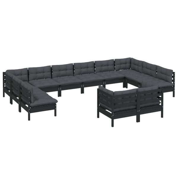vidaXL Salon de jardin 12 pcs avec coussins Noir Bois de pin solide