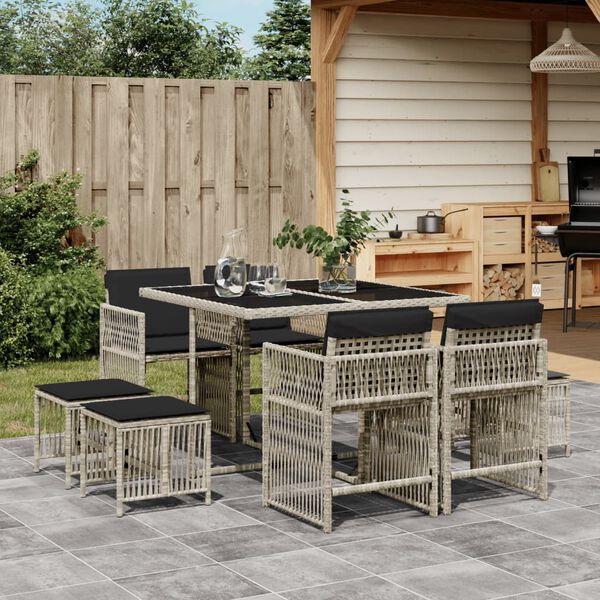vidaXL Ensemble &agrave; manger de jardin et coussins 9 pcs gris clair rotin