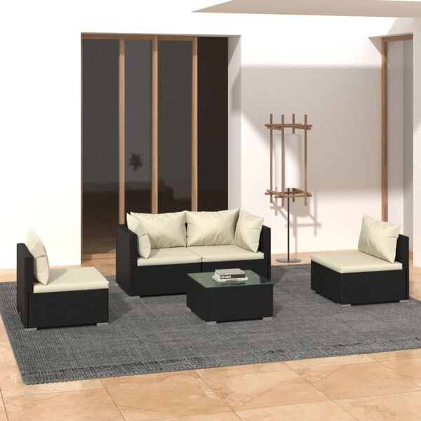 vidaXL Salon de jardin 5 pcs avec coussins R&eacute;sine tress&eacute;e Noir