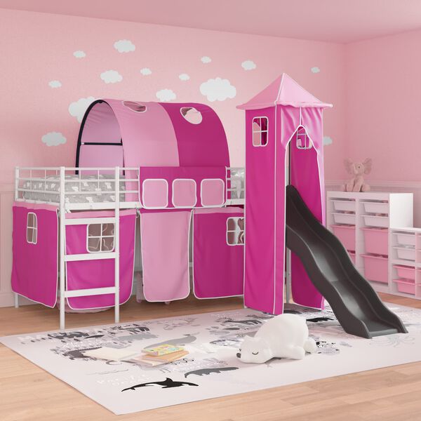 vidaXL Lit mezzanine pour enfants Blanc et rose 100 x 200 cm M&eacute;tал