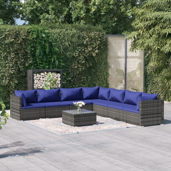 vidaXL Salon de jardin 8 pcs avec coussins r&eacute;sine tress&eacute;e gris
