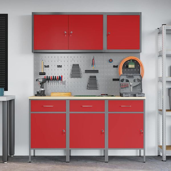 vidaXL Placard de travail 8 pcs Rouge Bois d'ing&eacute;nierie et acier