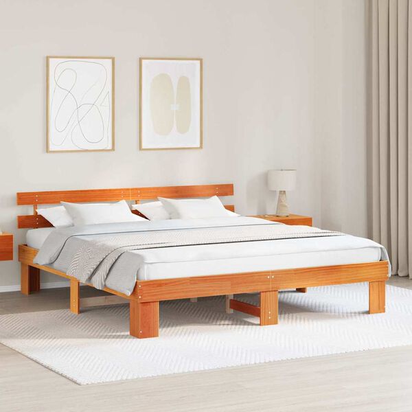 vidaXL Cadre de lit avec t&ecirc;te de lit Brun cire 200 x 200 cm Pin massif