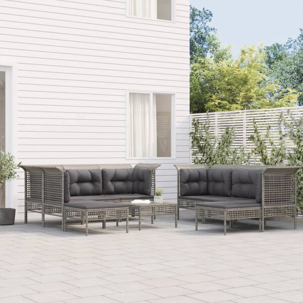 vidaXL Salon de jardin 9 pcs avec coussins Gris R&eacute;sine tress&eacute;e