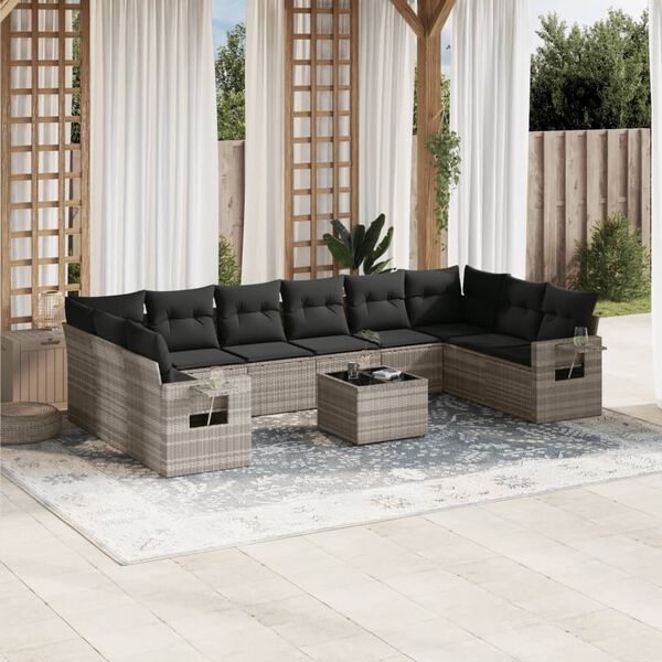 vidaXL Salon de jardin 11 pcs avec coussins gris clair r&eacute;sine tress&eacute;e
