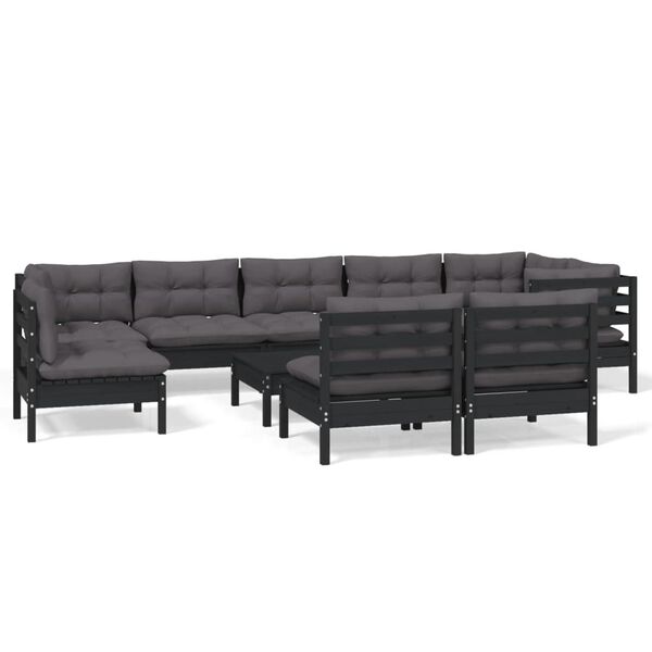 vidaXL Salon de jardin 10 pcs avec coussins Noir Bois de pin massif