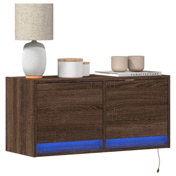 vidaXL Meuble TV mural avec lumi&egrave;res LED ch&ecirc;ne marron 80x31x35 cm