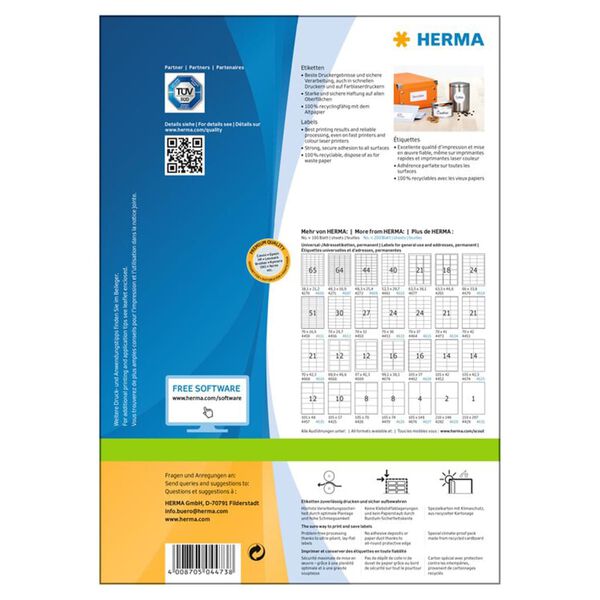 HERMA &Eacute;tiquettes permanentes PREMIUM A4 70x41 mm 100 Feuilles