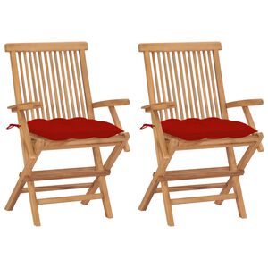 vidaXL Chaises pliantes avec coussins rouges, 2 pi&egrave;ces, en teck massif