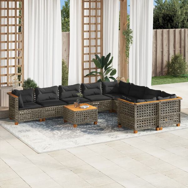 vidaXL Salon de jardin avec coussins 10 pcs gris r&eacute;sine tress&eacute;e