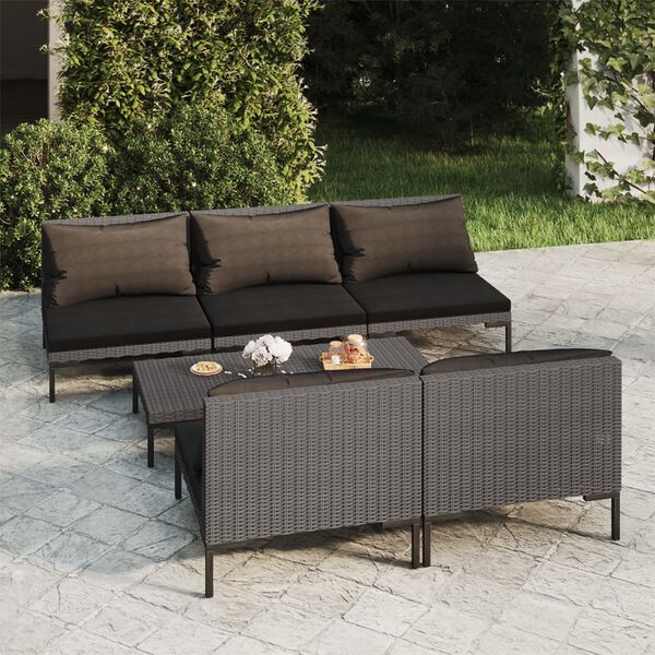vidaXL Salon de jardin 6 pcs avec coussins Résine tressée Gris foncé