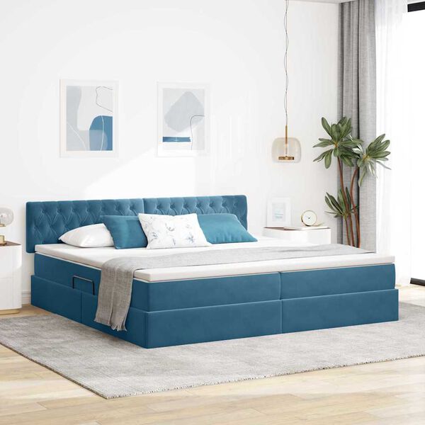 vidaXL Lit de Rangement avec matelas Bleu fonc&eacute; 200 x 200 cm Velours