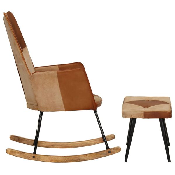vidaXL Chaise &agrave; bascule et repose-pieds Marron Cuir v&eacute;ritable et toile