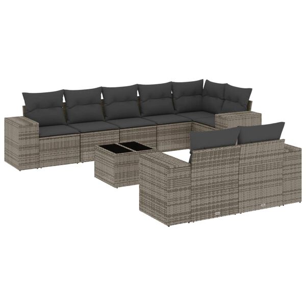 vidaXL Salon de jardin 9 pcs avec coussins gris r&eacute;sine tress&eacute;e