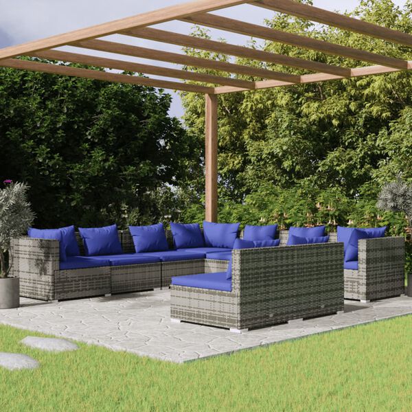 vidaXL Salon de jardin 9 pcs avec coussins Gris R&eacute;sine tress&eacute;e