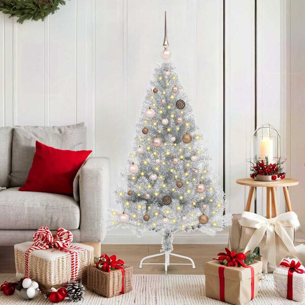 vidaXL Sapin de No&euml;l artificiel pr&eacute;-&eacute;clair&eacute; Argent 150 cm PET