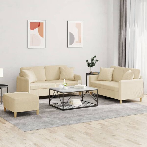 vidaXL Ensemble de canap&eacute;s 3 pcs avec coussins cr&egrave;me tissu