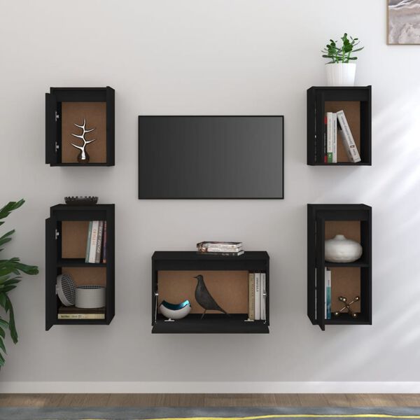 vidaXL Meubles TV 5 pcs Noir Bois massif de pin