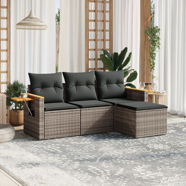 vidaXL Salon de jardin 4 pcs avec coussins gris r&eacute;sine tress&eacute;e