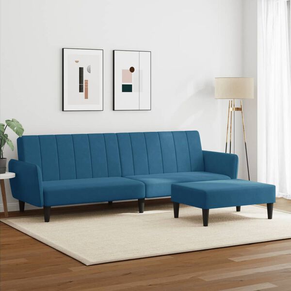 vidaXL Canap&eacute;-lit &agrave; 2 places avec repose-pied bleu velours
