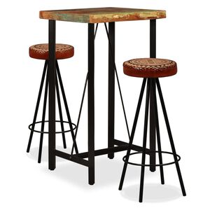vidaXL Ensemble de bar 3 pcs Bois de r&eacute;cup&eacute;ration Cuir v&eacute;ritable et toile