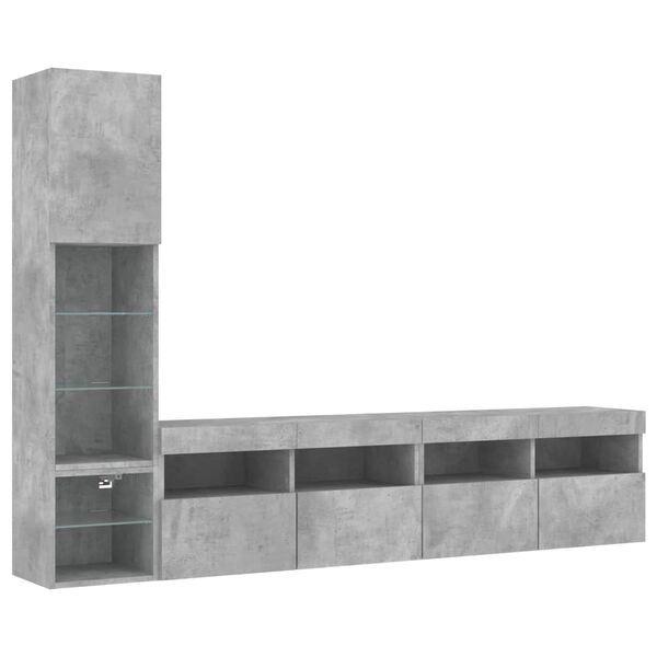 vidaXL Unit&eacute;s murales TV avec LED 4 pcs gris b&eacute;ton bois d'ing&eacute;nierie