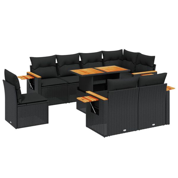 vidaXL Salon de jardin 9 pcs avec coussins noir r&eacute;sine tress&eacute;e
