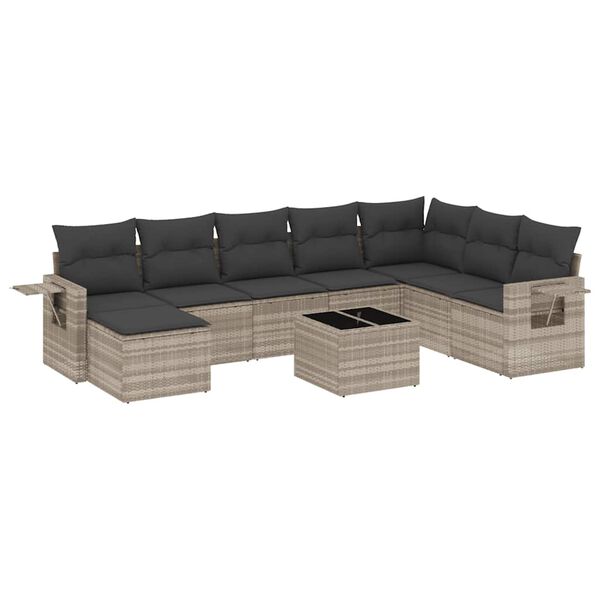 vidaXL Salon de jardin 9 pcs avec coussins gris clair r&eacute;sine tress&eacute;e
