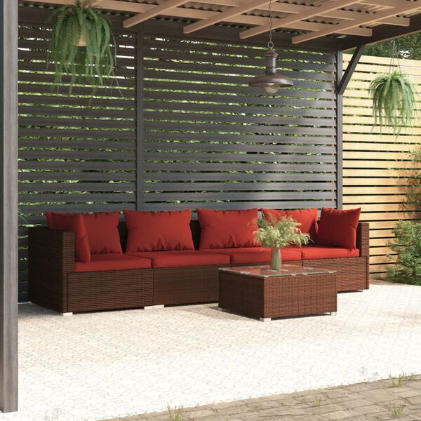 vidaXL Salon de jardin 5 pcs avec coussins r&eacute;sine tress&eacute;e marron