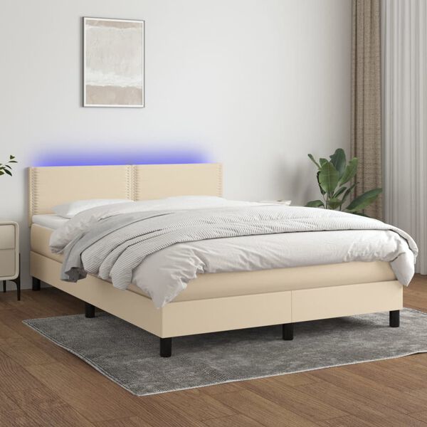 vidaXL Sommier &agrave; lattes de lit avec matelas LED Cr&egrave;me 140x200 cm Tissu