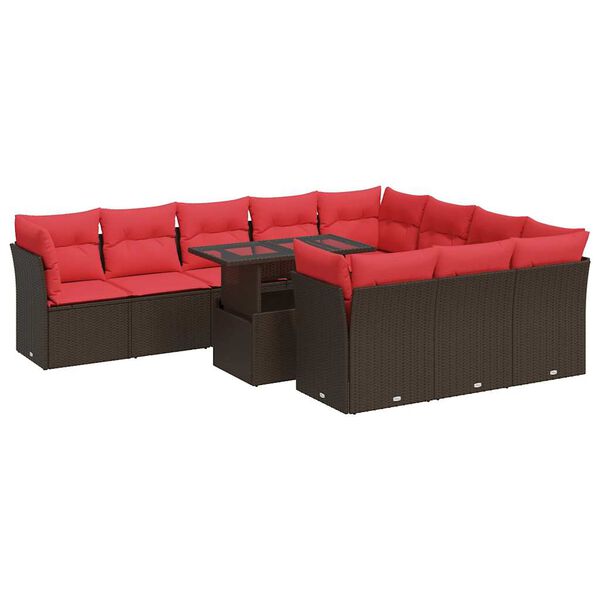 vidaXL Salon de jardin et coussins 11 pcs marron r&eacute;sine tress&eacute;e acacia