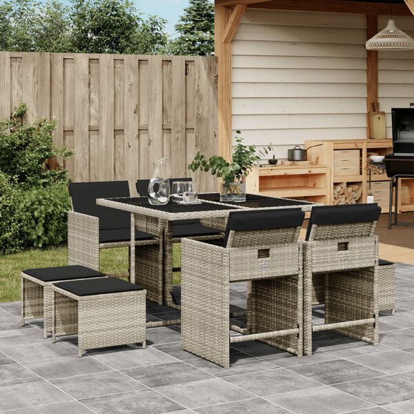 vidaXL Ensemble &agrave; manger de jardin et coussins 9 pcs gris clair rotin