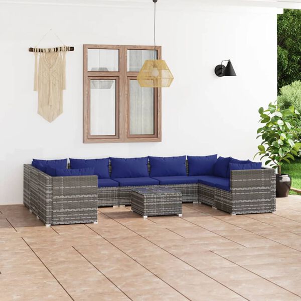 vidaXL Salon de jardin 10 pcs avec coussins R&eacute;sine tress&eacute;e Gris